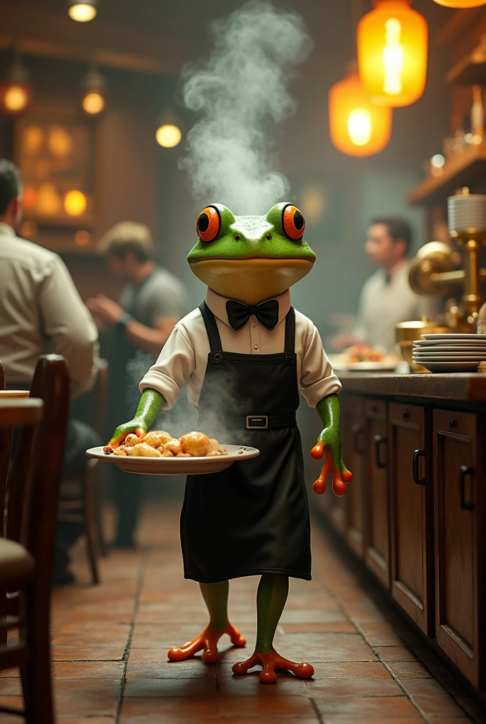 Retro Images，Storytelling，Tree frog，Ultra-realistic，high resolution，working at a restaurant
