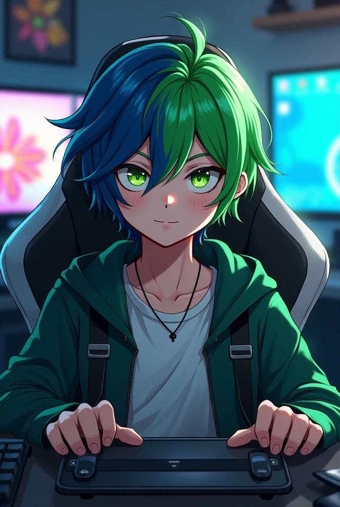 a boy in suit in anime style age boy with half blue and green hair with green eyes sitting in gaming chair background is gaming setup