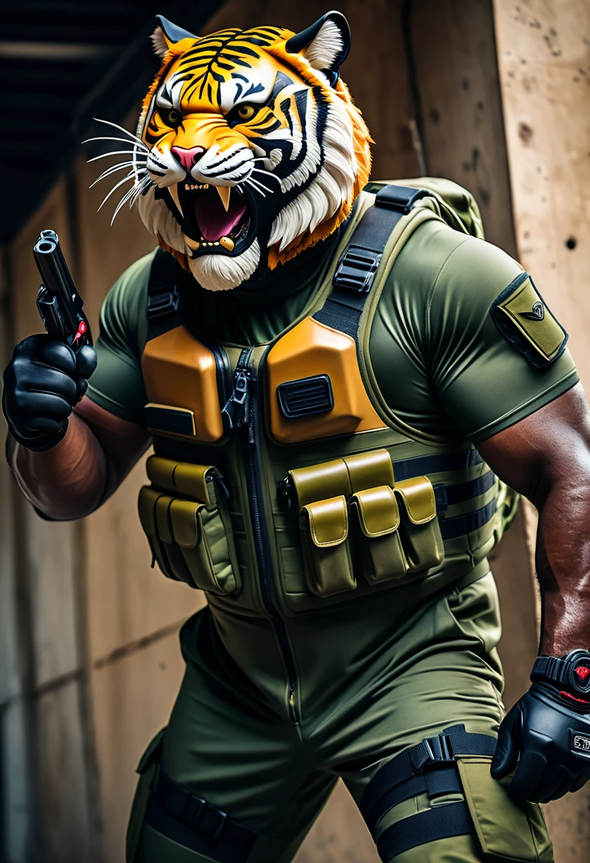 (a dark-skinned bearded fat muscular old man in a bulky army camouflage zipper diver suit) holding a gun, (wearing a small-sized realistic roaring tiger mask), dynamic action pose, fierce expression, showcasing an imposing stature, surrounded by military elements, dramatic shadows and intense highlights, cinematic color tones, high detail, powerful, art influenced by Bruce Onobrakpeya and Stanley Artgerm, ultra-detailed, best quality image, action-packed atmosphere. thumbs up pose