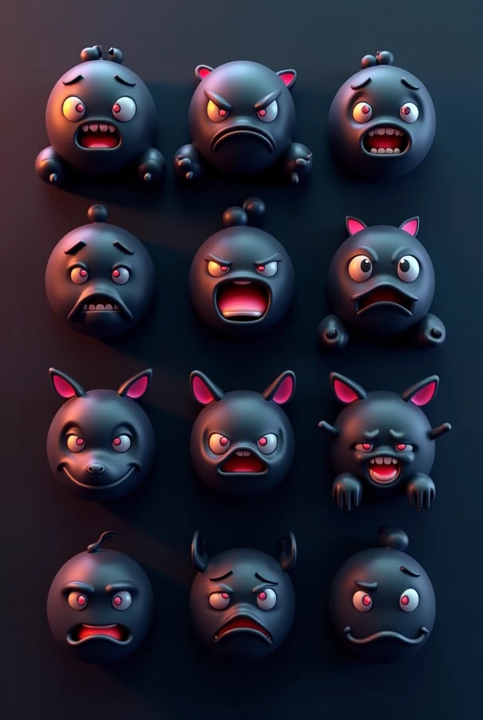 An icon design, 3D, icon, 12 emoji, dark, gradient colors, ultra clear details, UI pack, dark angle series