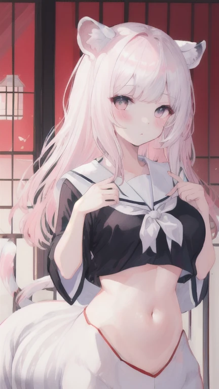 (best quality, masterpiece), 1 girl, centaur, I beg, White skin, Japanese schoolgirl, black pink, exposing the abdomen, belly button t-shirt , beautiful girl perfect, White tiger photo, 완벽한 White tiger photo
