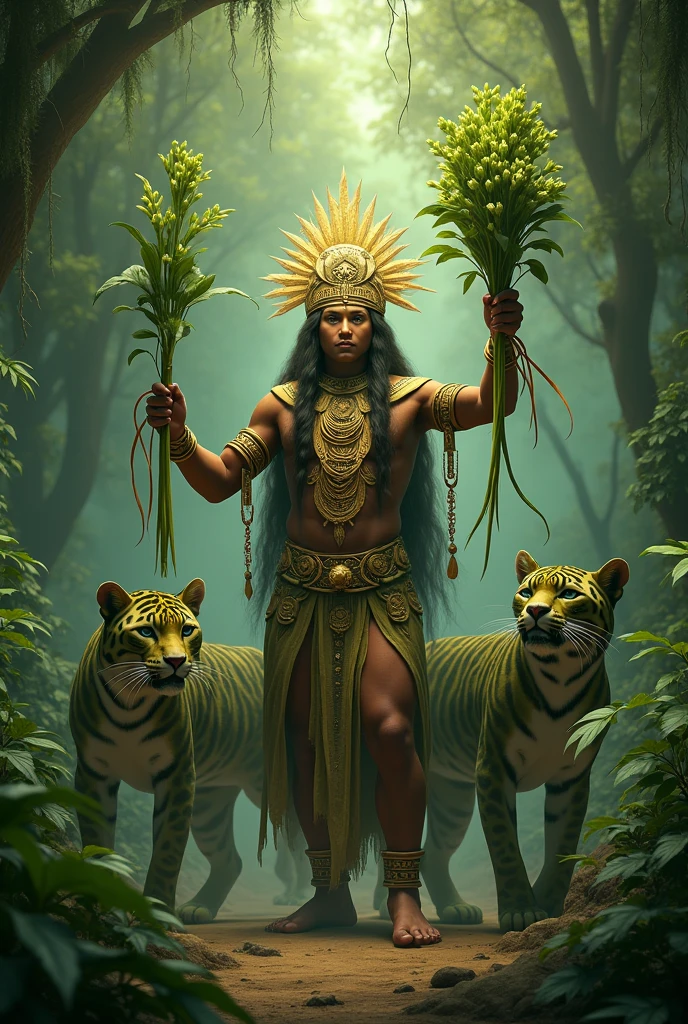 Hops in the hands of an indigenous God with mythological green jaguars