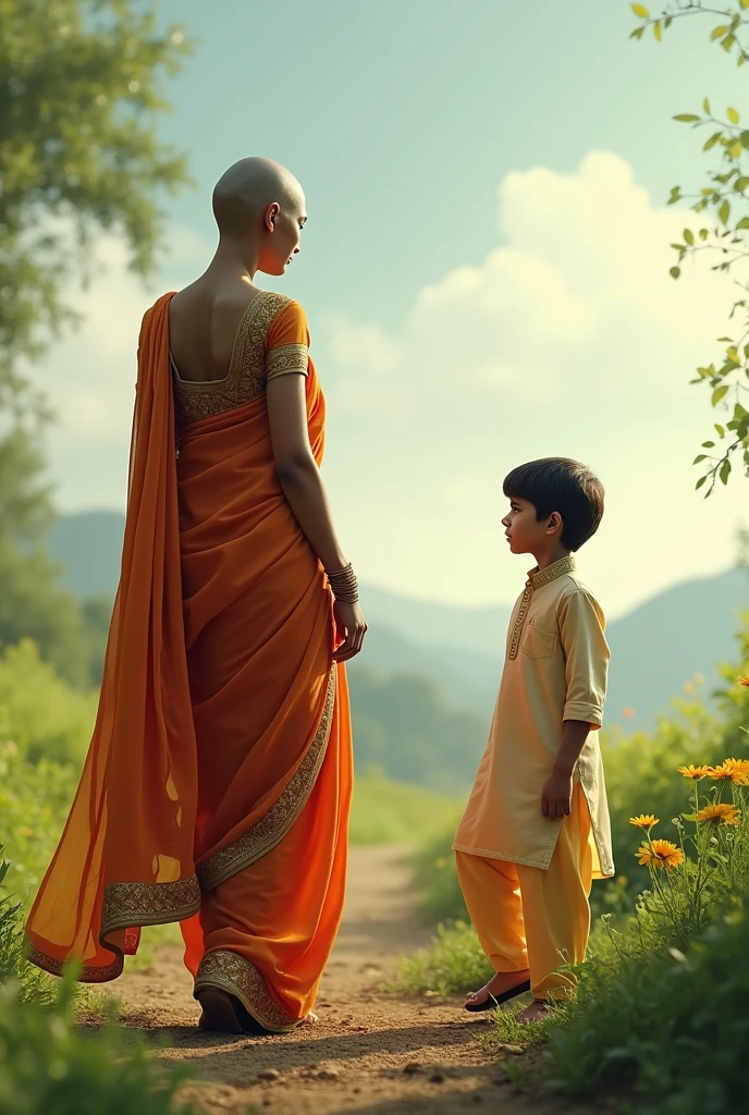 A bald lady with sari walking towards a boy who is in  kurta