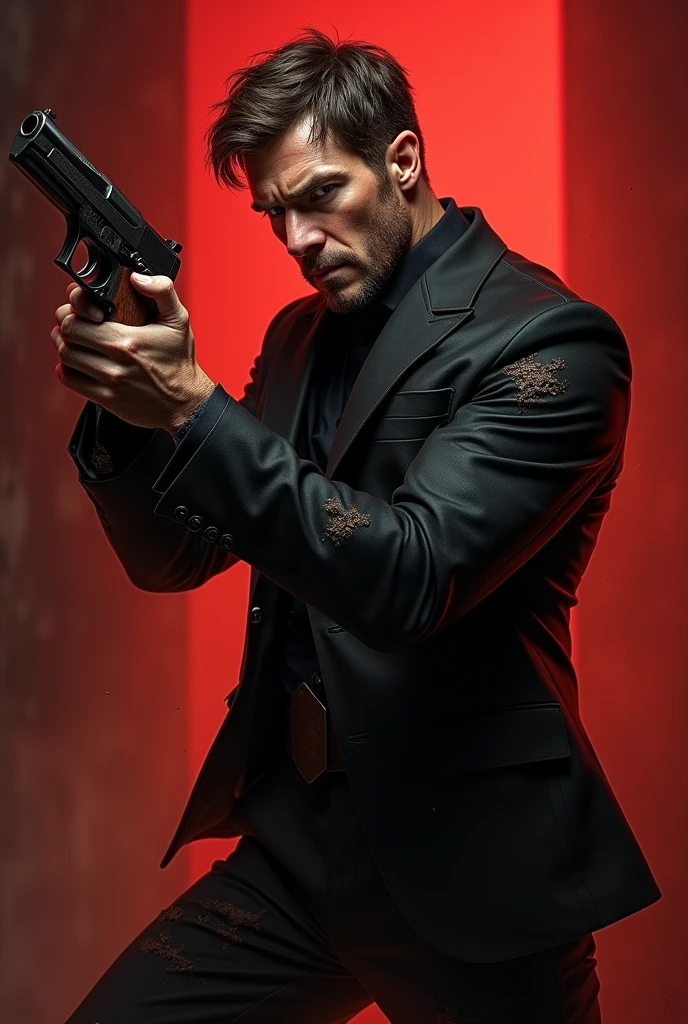 Real portrait of the man((realistic)), He wear broken black suit ((high detail)), his hand holding a shotgun ((masterpiece)), using a dynamic camera angle and dynamic pose, his atmosphere is a red tone