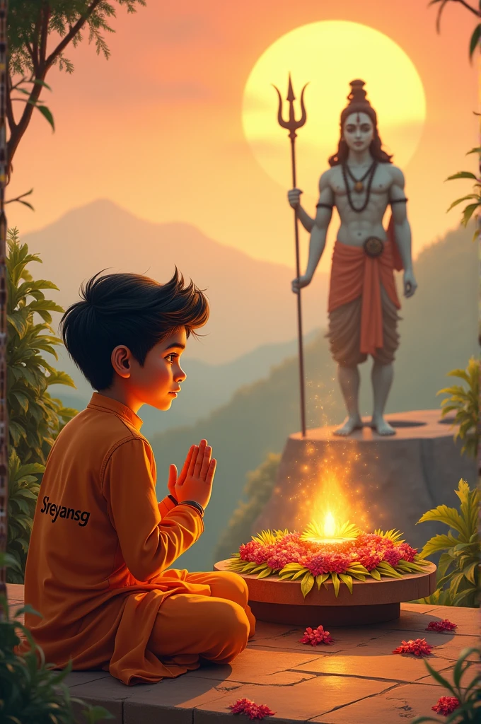 A boy, is seated and praying in front of a Shivling adorned with flowers and belpata (green leaves). Behind him, there's a Statue of Lord Shiva. The boy is wearing a saffron kurta on which name "Shreyansg" written clearly , have stylish hair and look very cute, enhancing the spiritual or religious ambiance, background features with hills, sunrise.