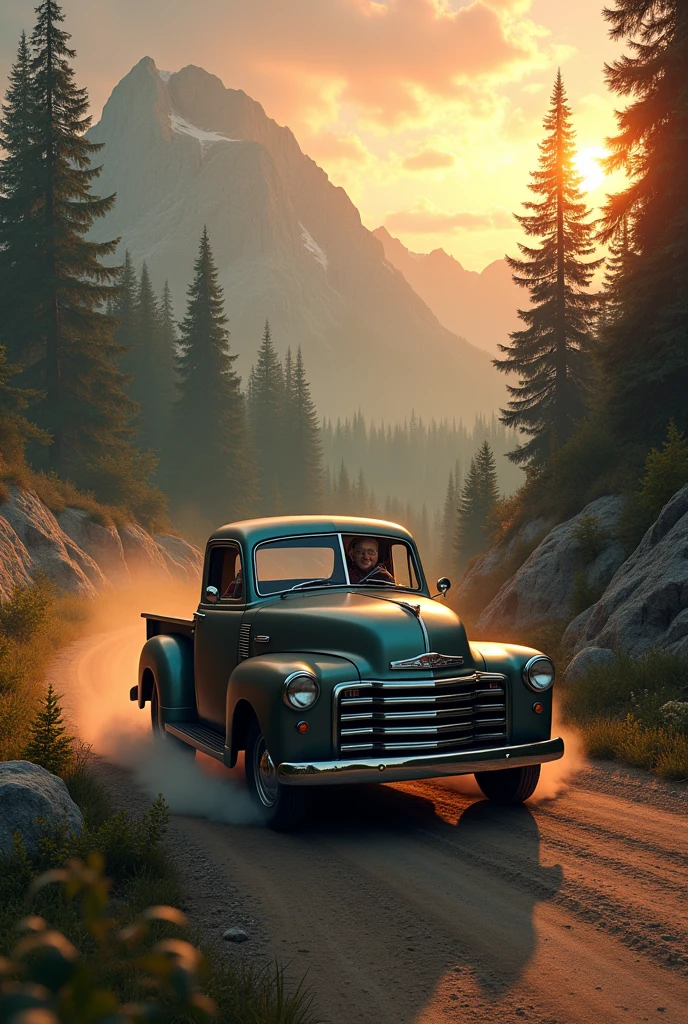 An elderly man in a restored old pickup truck in a mountain forest at sunset