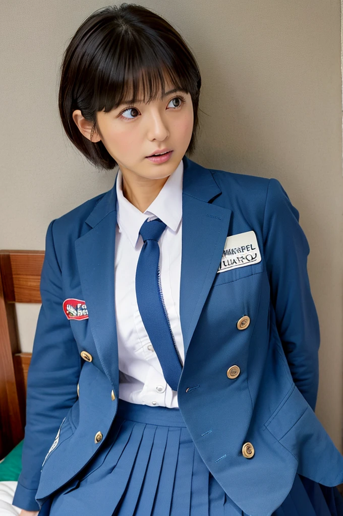 ((Highest quality, masterpiece :1.3)), Realistic、Ultra-high resolution、Natural skin texture、Hyperrealism、Nearby Movies、Beautiful Japan girl、Angry expression、Stylish bedroom、Small breasts、Underdeveloped flat chest、Flat chest、Pixie Haircut、Dark blue blazer school uniform、Full body angle、Giving a blowjob to a middle-aged Japanese man
