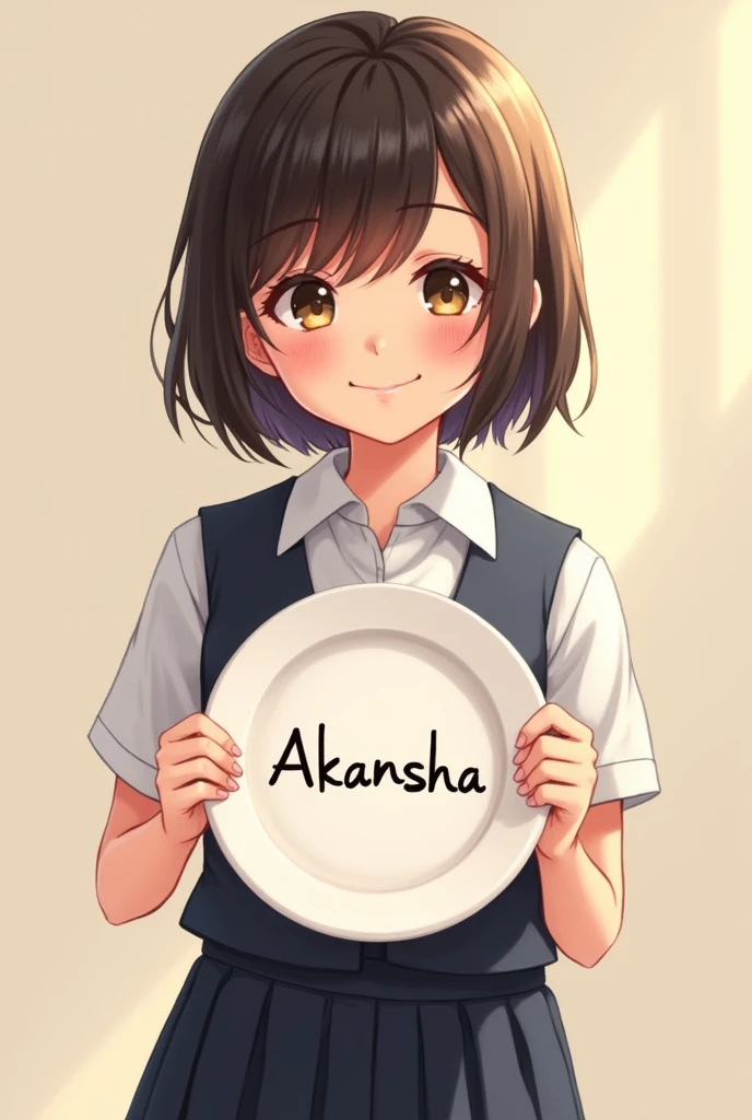 A short height very cute girl of class 9th wearing a school uniform and holding a plate written 'Akansha' on it