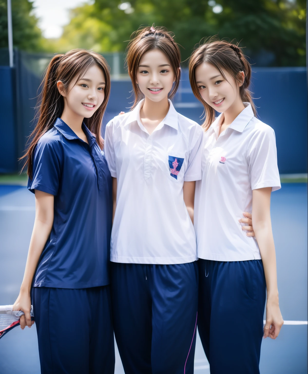 3 girls play tennis at tennis courts, Navy blue short-sleeved shirt,Navy Long Trackpant,Sweatpants, Sweatpantsขายาว,25 year old girl, lesbian, sexy, exercise clothes, wet body, exercise clothes