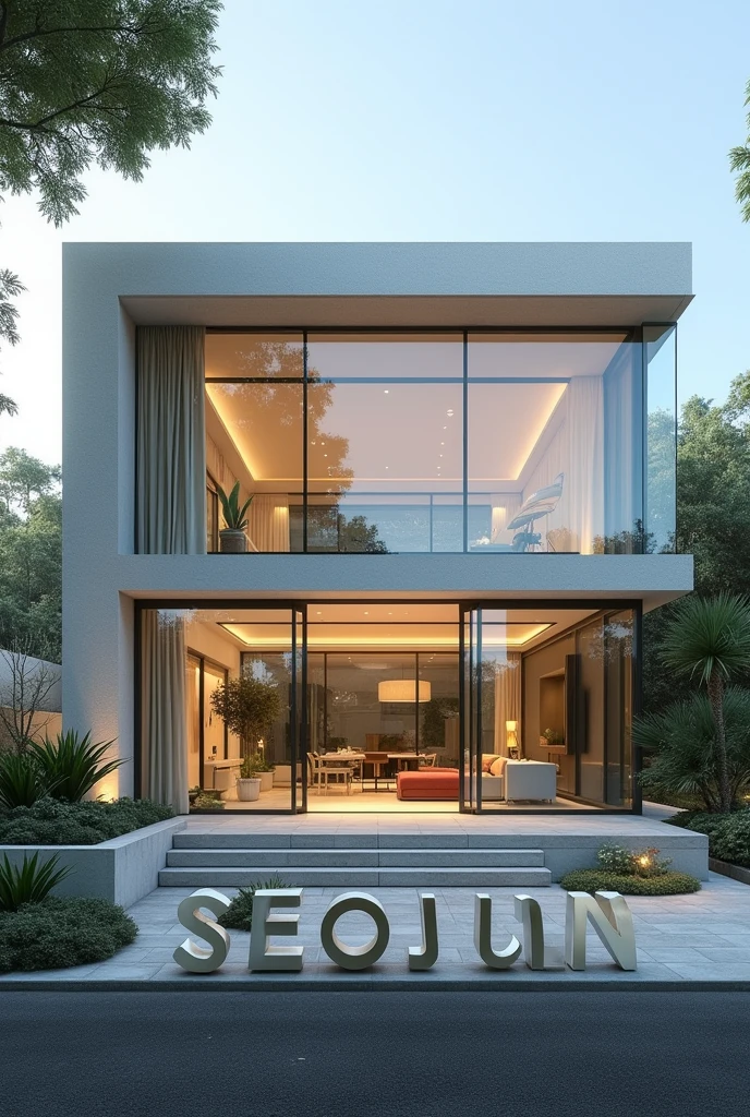 Create a luxurious glass house with the words "Seojun" written in front, just like real, high quality, modern architecture