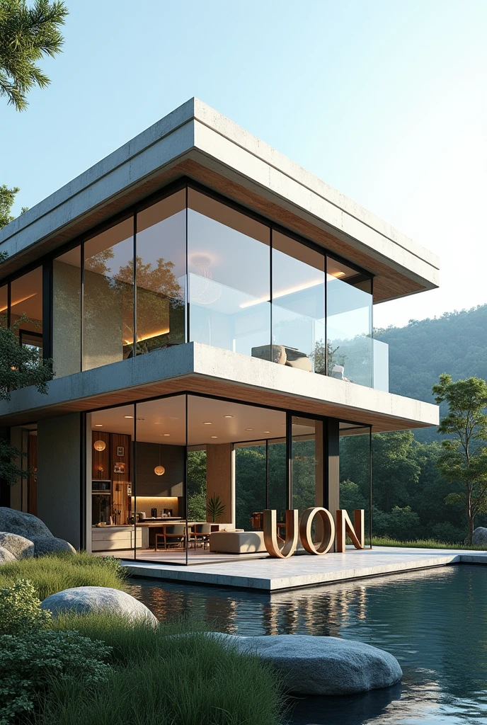 Create a luxurious glass house with the words "Seojun" written in front, just like real, high quality, modern architecture
