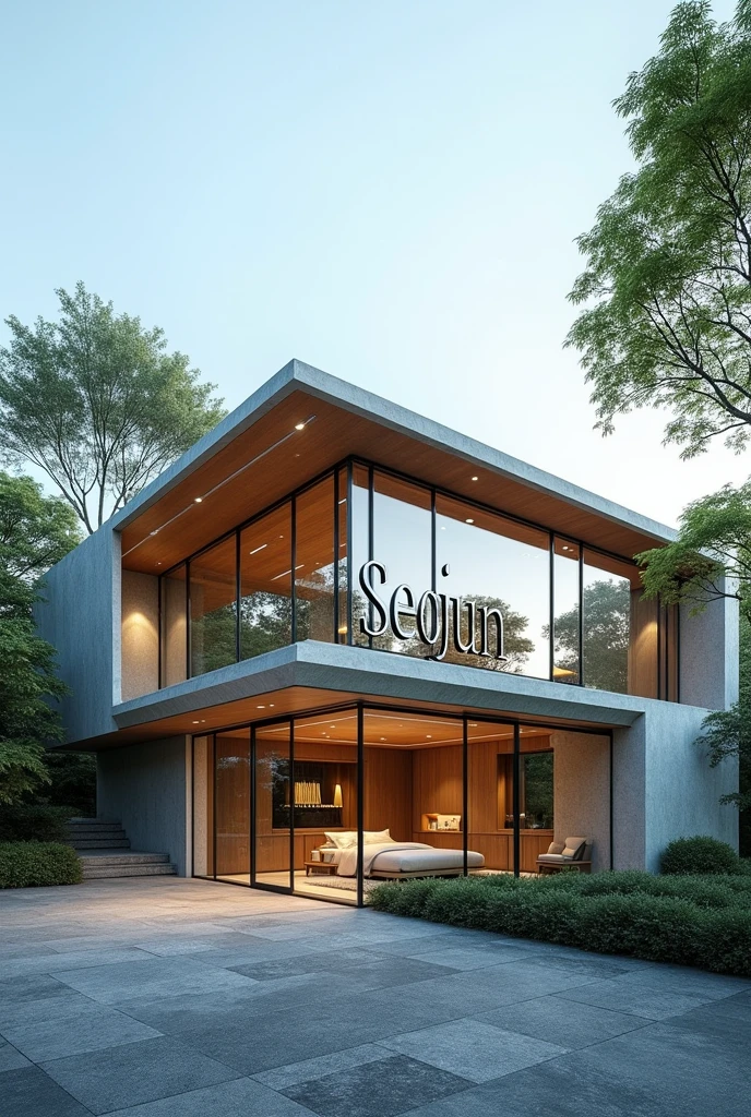 Create a luxurious glass house with the words "Seojun" written in front, just like real, high quality, modern architecture