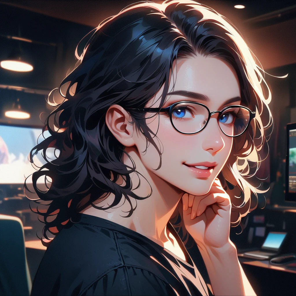 (best quality,4K,8K,high resolution,masterpiece:1.2),Very detailed,(Practical,photoPractical,photo-Practical:1.37),1 person,Mature man,Beautiful Skin、contour、very handsome,wear glasses，Black curly hair,Smile,,blue eyes,Sharp eyes,Undoubtedly perfect face,Office Background,Cinema Lighting,hdr image,Black T-shirt
