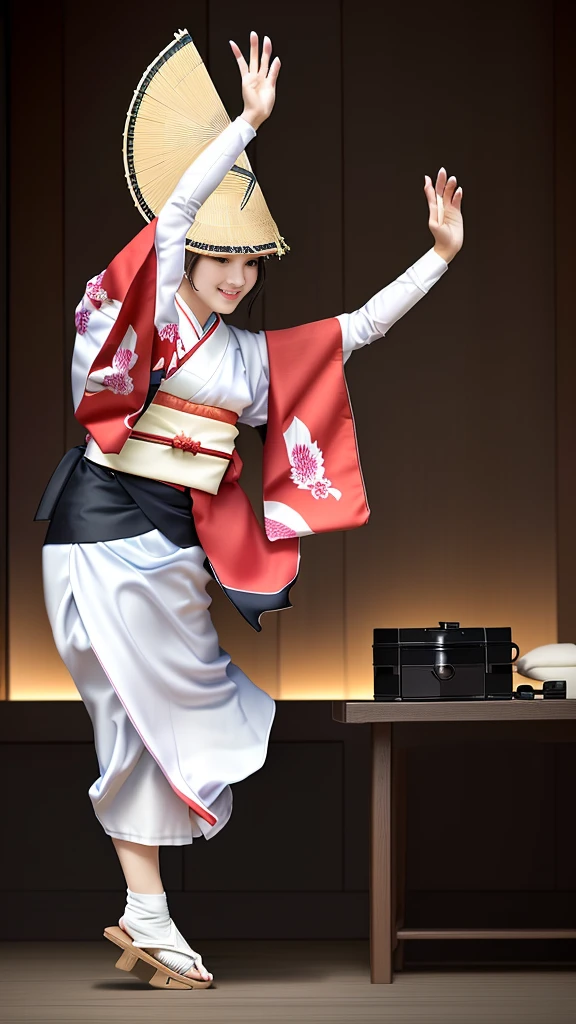 Photo-realistic quality、伝統的なJapanの衣装を着た女性がダンスを阿波踊りを踊っている,Japan, Japanese woman, Female dancer, Shot on a Canon 80d, Japan伝統的kimono, kimono、Cute smile、A soft and gentle look、Awaodori、Wearing a straw hat、He is wearing white tabi socks and black geta sandals.、Bon dance、Small and beautiful hands
