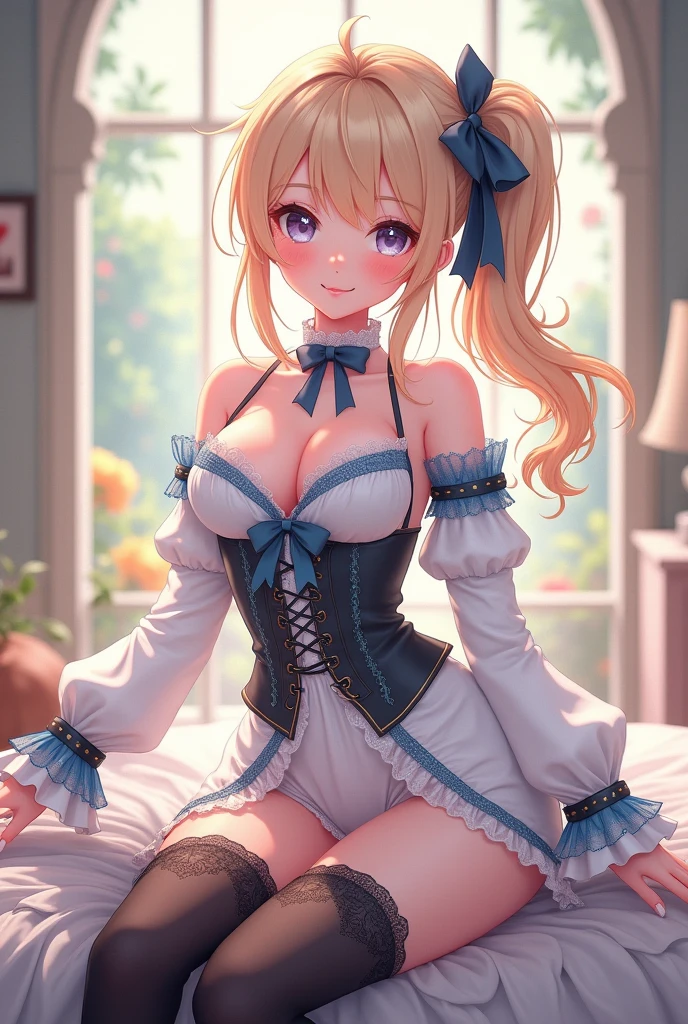 nsfw, masterpiece, 4k, high definition, high quality, best quality, ultra detailed, detailed beautiful eyes, detailed beautiful face, beautiful detailed hands, beautiful detailed legs, photorealistic, magnifique view, 2D, (cute, kawaii:1.2), captivating animated illustration depiction, perspective, (digital art, fantasy: 1.2) BREAK 1 girl, solo, spread legs, white hair ribbon, (smile, blush:1.2), BREAK Wearing a kawaii fashion outfit, outfit features a (unbuttoned blouse: 1.2) with blue lace trim and a large bow at the collar, (no bra, show nipples, exposed breasts, exposed nipples, areola, Exposed Back: 1.2), BREAK The Blouse is wearing a white high-waisted skirt with lace-up details, (lift up skirt, Open Crotch Lingerie, show white intricate lace panties, cameltoe: 1.3), (The Person is also wearing black knee-high socks with lace top, garter belt, garter straps: 1.2), The overall look is cute and elegant, BREAK light blond hair, (side tail:1.3),