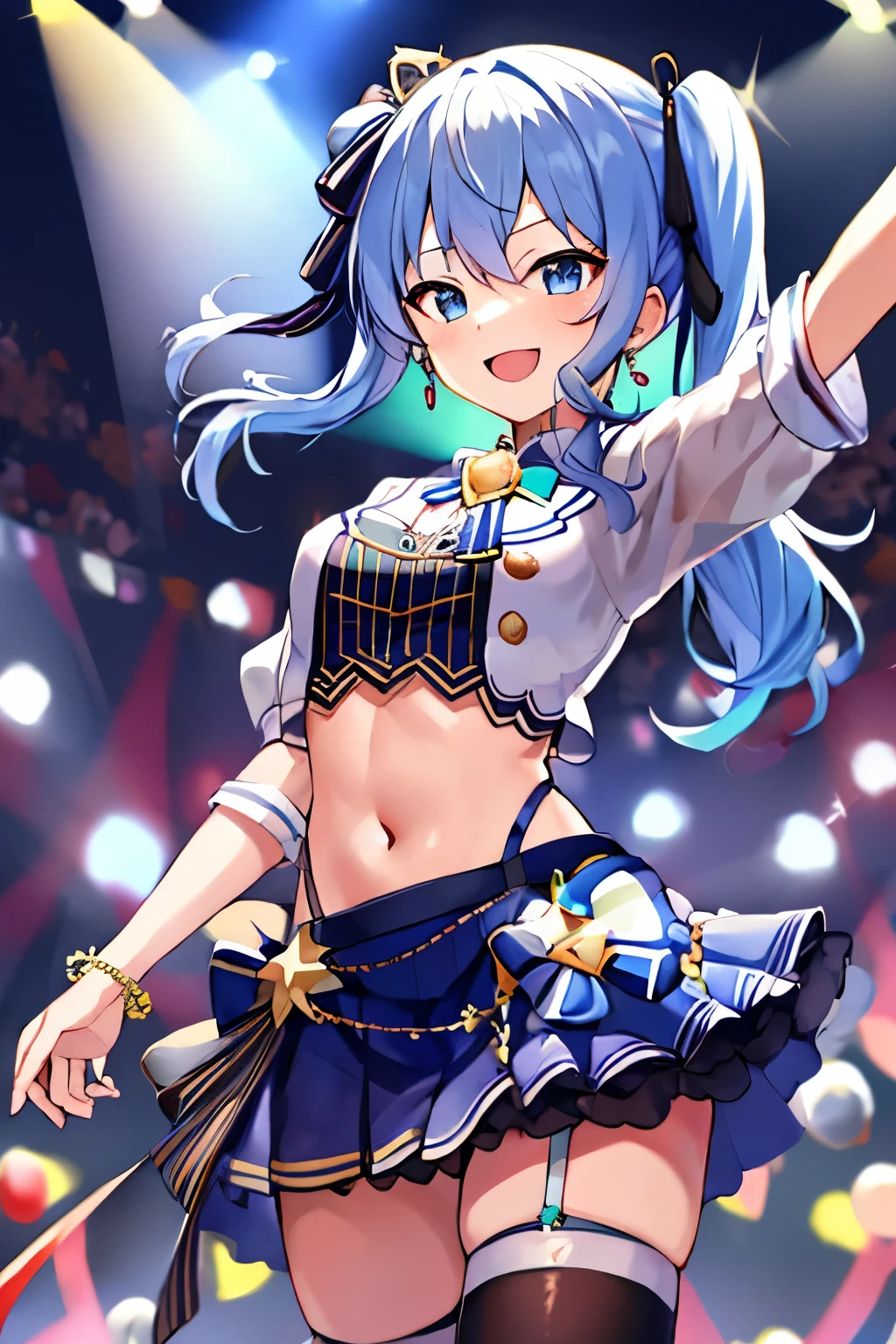 masterpiece, best quality, absurdres, 1girl, solo, Hoshimachi Suisei, light blue hair, blue eyes, happy, smile, parted lips, slender, sidelocks, sideponytail, toned,
idol, idol clothes, hololive idol uniform, bowtie, blue skirt, brooch, dress, concert, on stage, frilled skirt, jewelry, layered dress, short sleeves, tiara, midriff, thighhighs,shout,(open_mouth:1.3),singing,(angry:0.6), (glare:0.6), idle_live,audience_landscape,light up_girl,solo,shiny_effects,smile。joy,happy,(slanted_eyes:1.3),navel,