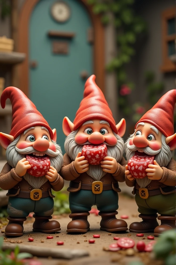 5 dwarf people with salami in hand, fans of Taylor Swift 