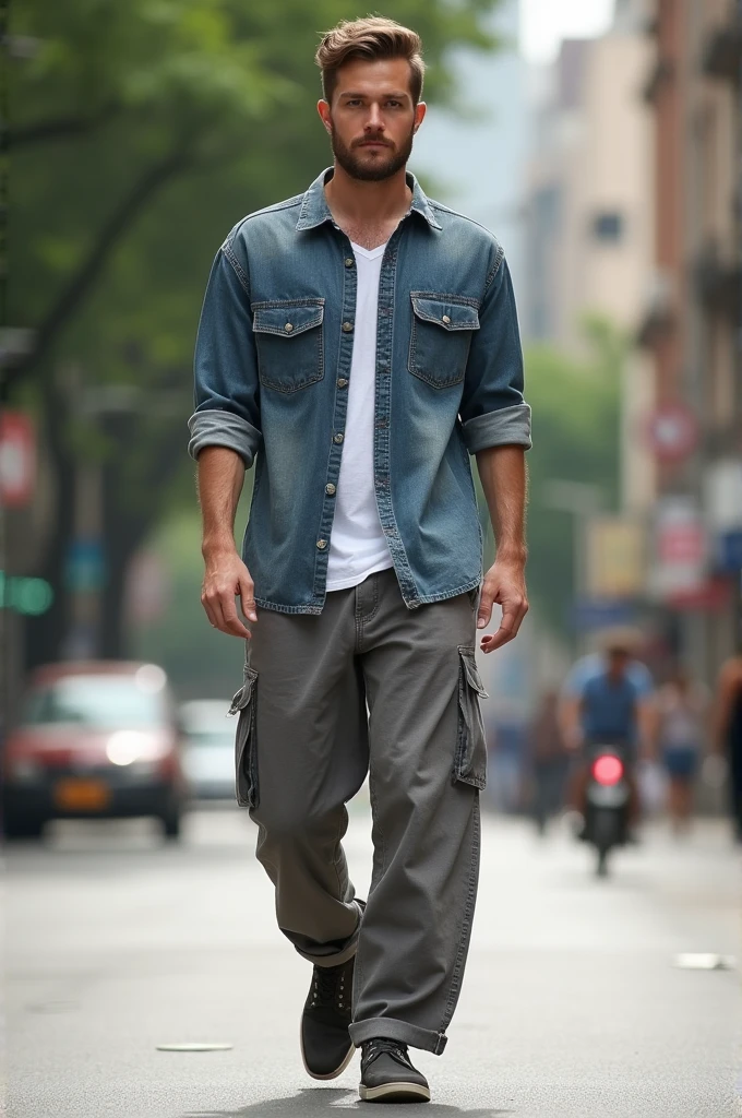 Grey denim shirt baggy outfit mens