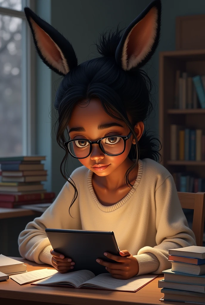 A black nerd studying physics on a tablet, make her look like a donkey