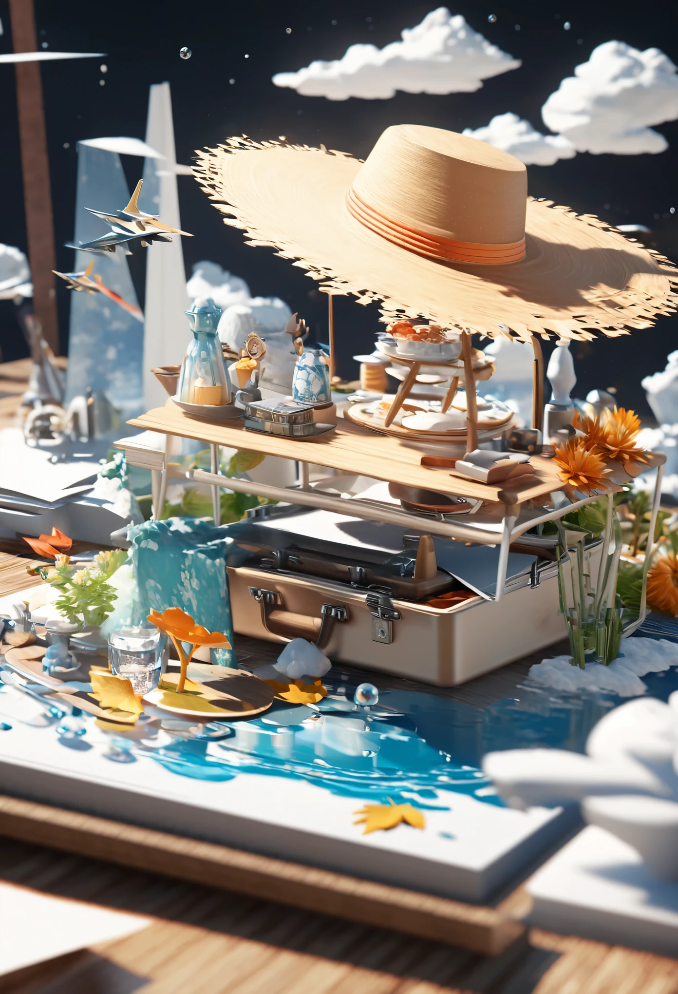 There is a suitcase with a straw hat on top, clouds, atmosphere, leaves, chrysanthemums floating in the air, paper airplanes, (miniature: 1.2), 2.5d illustration, 3d rendering, 3d modeling, bubble matt, trend in behans 3d art, trend in behans 3d art, 3d illustration, 3d illustration, 3d illustration, commercial illustration, cinema 4d color rendering, 3d rendering stylization, stylized digital illustration, 3d stylized scene, stylized 3d rendering