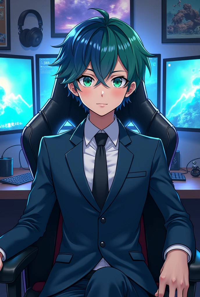 a boy in suit in anime style  teenage boy with half blue and green hair with green eyes sitting in gaming chair background is gaming setup youtube video size photo 
