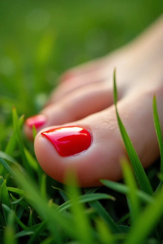 Photo de pied manucure rouge sur de l'herbe
