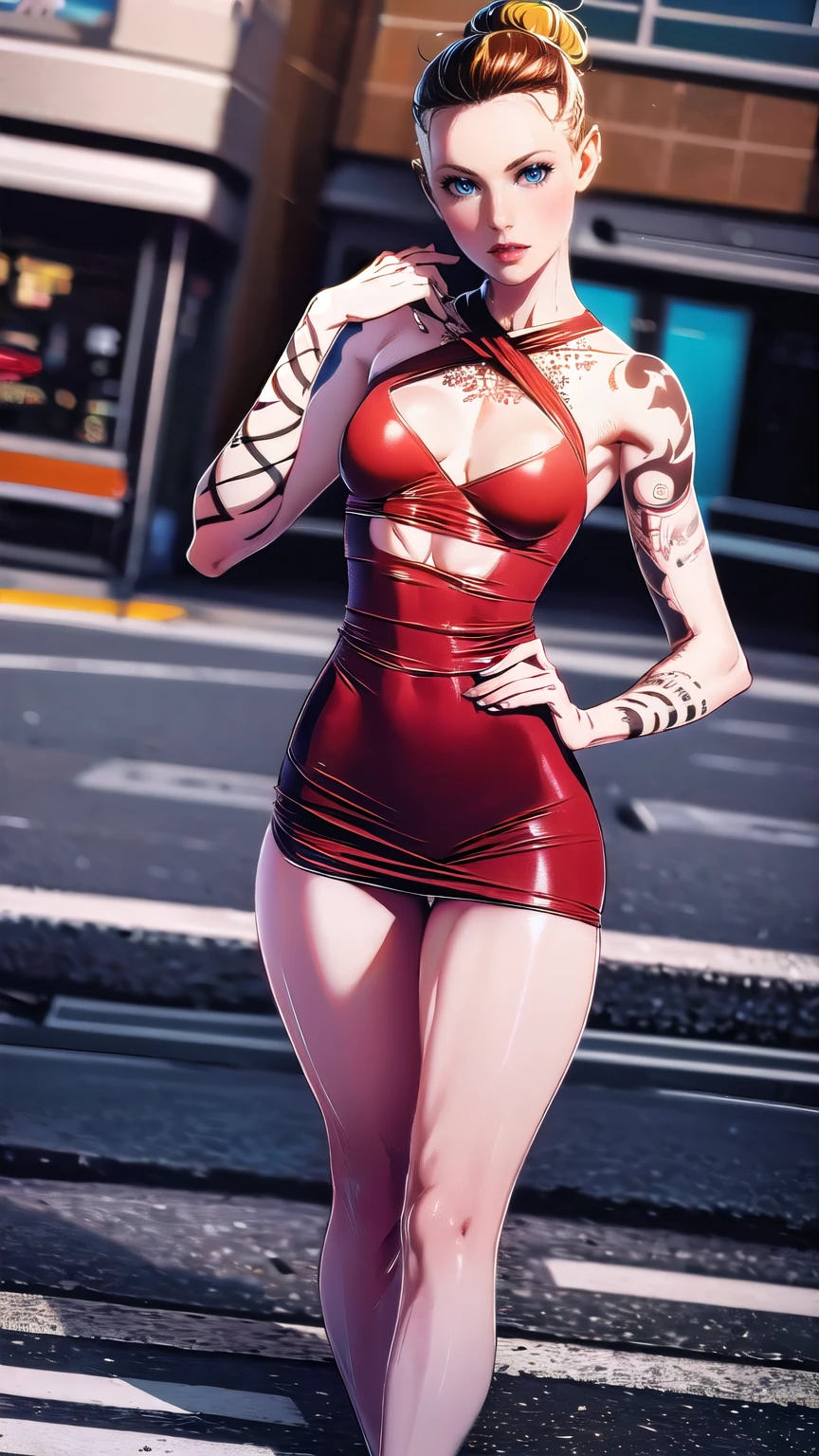 (full length portrait), (wide angle:1.27), a woman in her late 30s, various modeling poses,(slim_soft_and_slender build), (thigh gap:1.27)(very low set breasts:1.4), (small bust:1.4), bodycon dress (red:1.4), honey blonde hair in a messy bun, 8k,masterpiece, photorealistic,intricate details,vivid colors,extremely detailed tattoos,extremely detailed face and body, perfect anatomy, ((human anatomy)), detailed hands, better hands, best hands, NYC street, jack, no bra