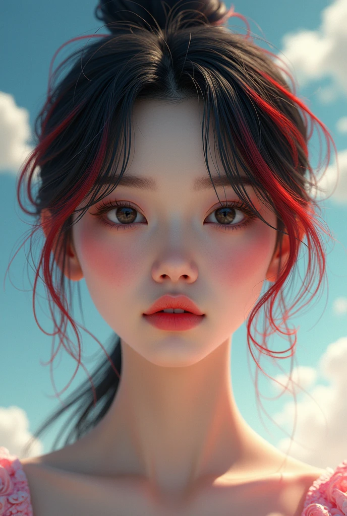 ((hyper detailed)) realistic, female face, with red and black hair color, cute and beautiful, focus detailed eyes, lips and nose, short hair, tied, very korean look with chubby chick, rendered in blender, show only head and neck, floating, 3d Work in progress. wide view camera