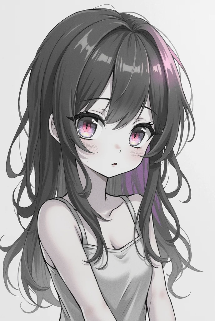 chibi, monochrome pencil drawing, self-portrait, cute girl, shy, pink eyes, (attractive and seductive) and (amorous and lewd) expression, shading, shadows, contrast, conceptual installation art, 2.5D, delicate and dynamic effects, iridescent effects, artistic, hyper, graphic CG digital art, (anime, manga, cartoon, illustration)-style