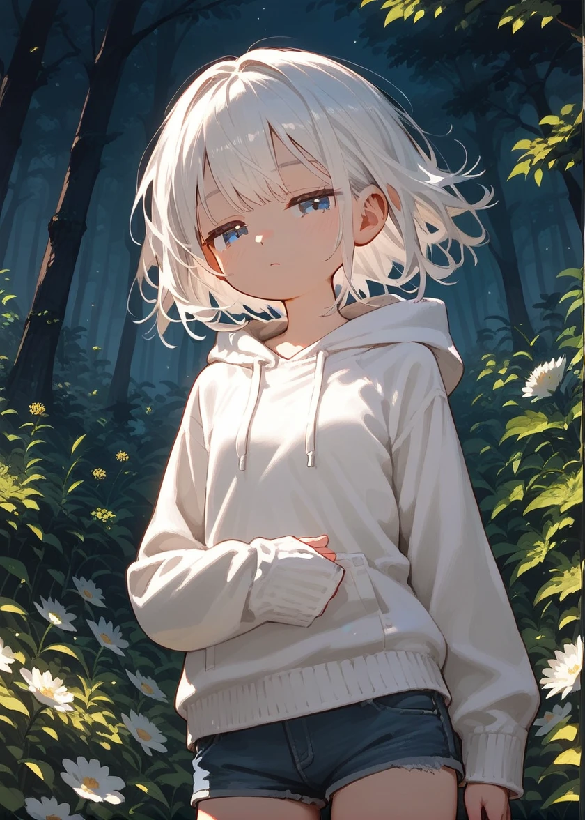 score 9, score 8 up, score 7 up, , young girl, grassland, detailed background, night, forest
White hair, blue eyes, half-closed eyes, emotionless, Jean shorts, white sweater hoodie, medium shot