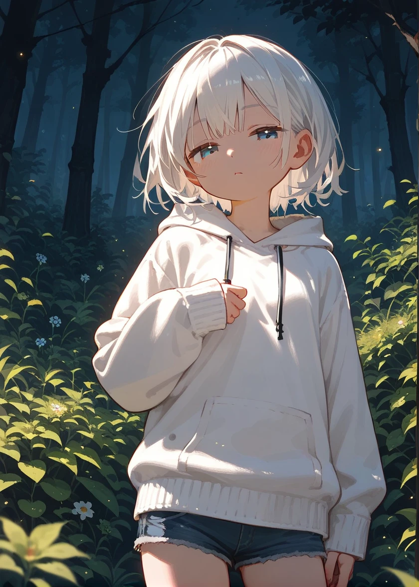 score 9, score 8 up, score 7 up, , young girl, grassland, detailed background, night, forest
White hair, blue eyes, half-closed eyes, emotionless, Jean shorts, white sweater hoodie, medium shot