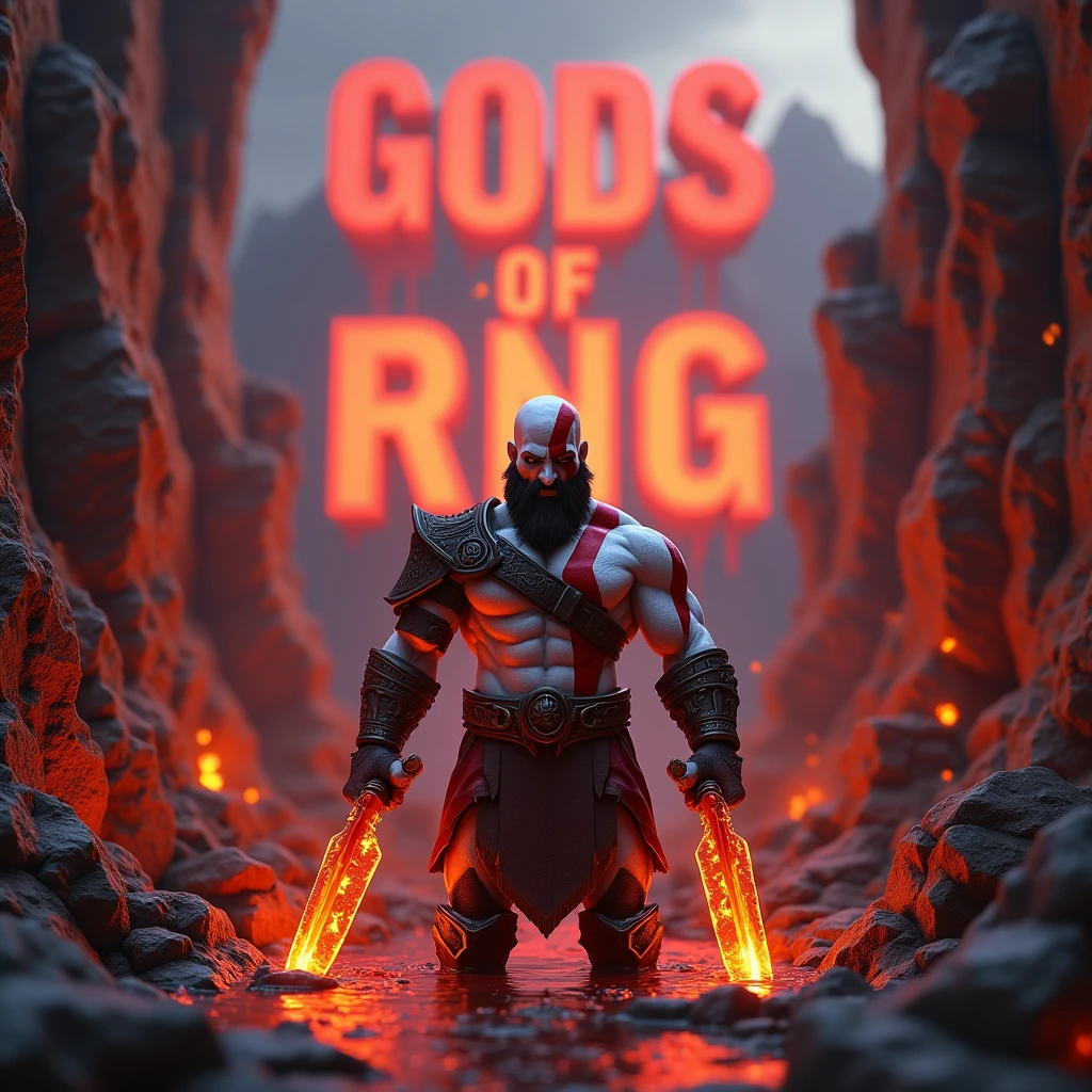 Kratos in hell as a roblox character (add a text saying  “Gods of RNG” in the background and make it big)