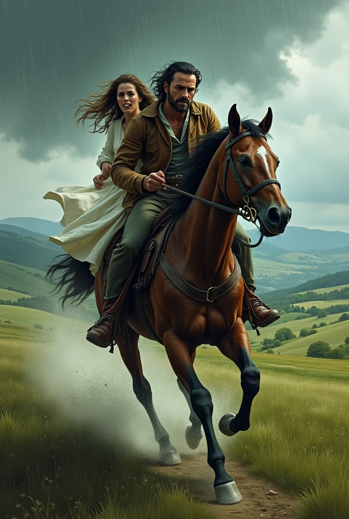 Bandit running away with a girl on horseback in the rain
