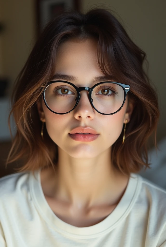 Extremely realistic girl with brown hair and brown eyes, wearing a oversized white t-shirt, entire upper body, not portrait, wear glasses, short brown hair, real skin, detail skin, pretty girl, fair skin, iPhone camera, pov