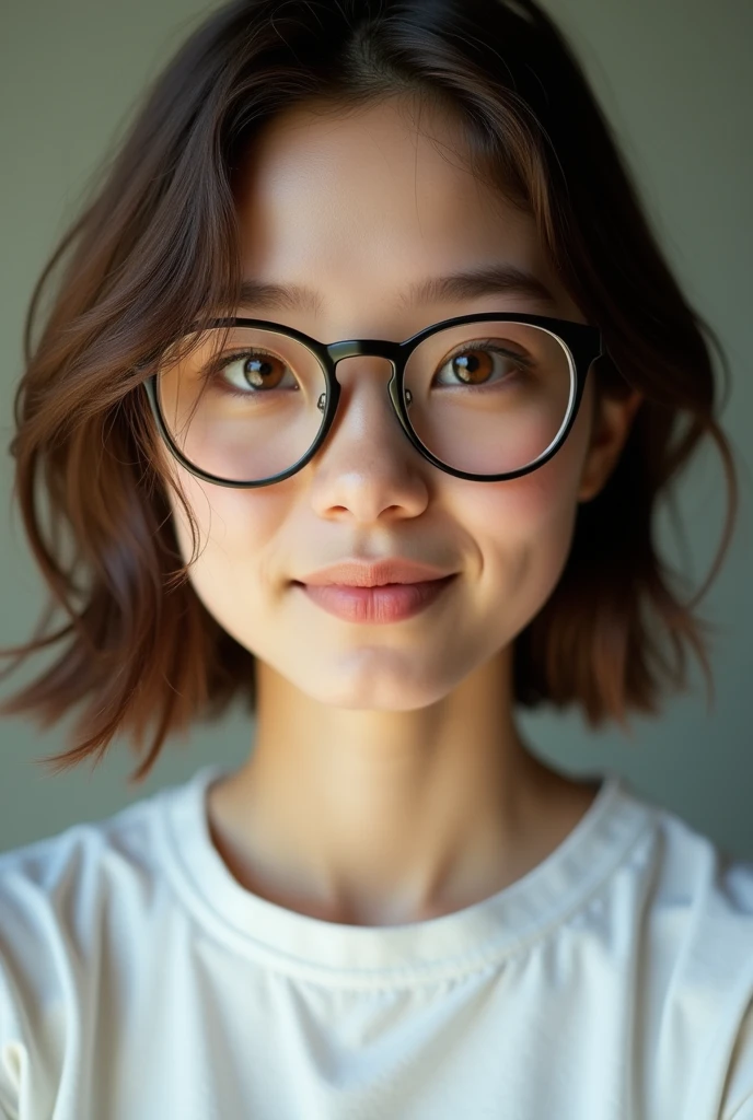 Extremely realistic girl with brown hair and brown eyes, wearing a oversized white t-shirt, entire upper body, not portrait, wear glasses, short brown hair, real skin, detail skin, pretty girl, fair skin, iPhone camera, pov