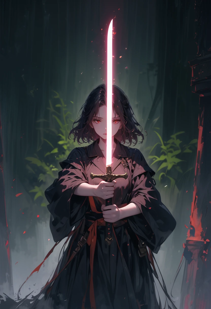 (best quality,4k,highres:1.2),dark atmosphere,dark background,glowing sword,faceless figure,two hands holding the sword,nighttime,gloomy,horror,ominous,moonlight,noir,dramatic lighting