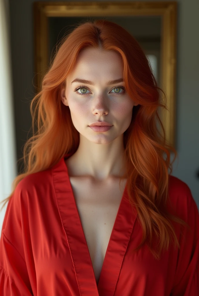 25 year old woman with copper hair, White skin, green eyes, Full frame, stands in front of a full-length mirror, in a translucent red goddess robe, full length, beautiful detailed eyes, beautiful detailed lips, extremely detailed eyes and face, long eyelashes, high quality, 8 thousand., hyperrealistic, photorealistic, physically based rendering, bright colors, studio lighting, complex parts