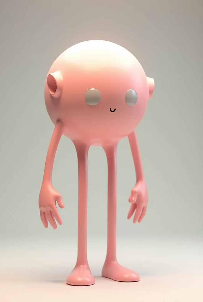 a spherical creature with 2 long slim legs and 2 slim long arms as long as the legs, knees, elbows, 5 fingers each hand, flat feet, two big round eyes, a mouth, light pink skin