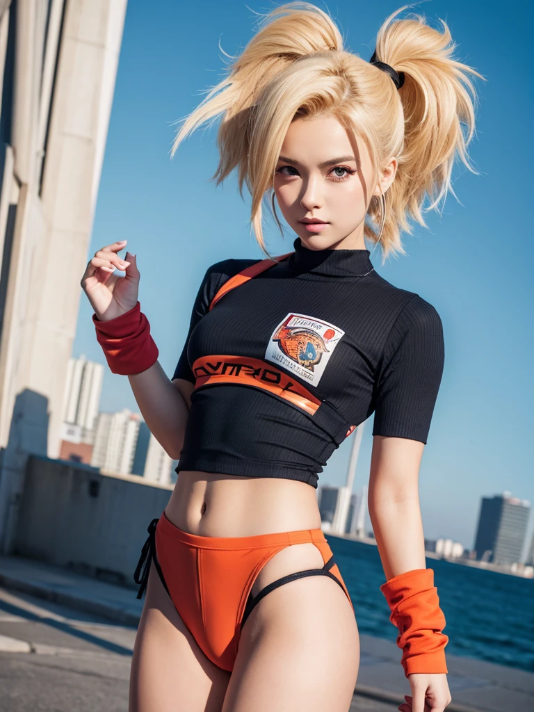 Masterpiece, best quality, ai-generated,official style,dragon ball,1girl,android 18, city,stylish pose,