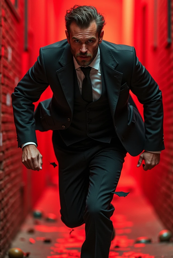 Real portrait of the man((realistic)), He wear broken black suit ((high detail)), He is runing ((masterpiece)), using a dynamic camera angle and dynamic pose, his atmosphere is a red tone