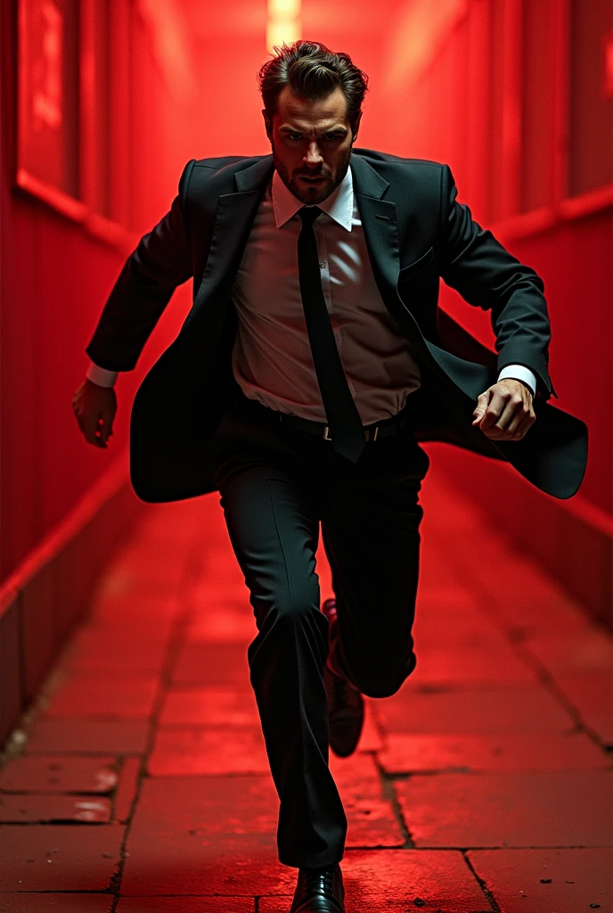 Real portrait of the man((realistic)), He wear broken black suit ((high detail)), He is runing ((masterpiece)), using a dynamic camera angle and dynamic pose, his atmosphere is a red tone