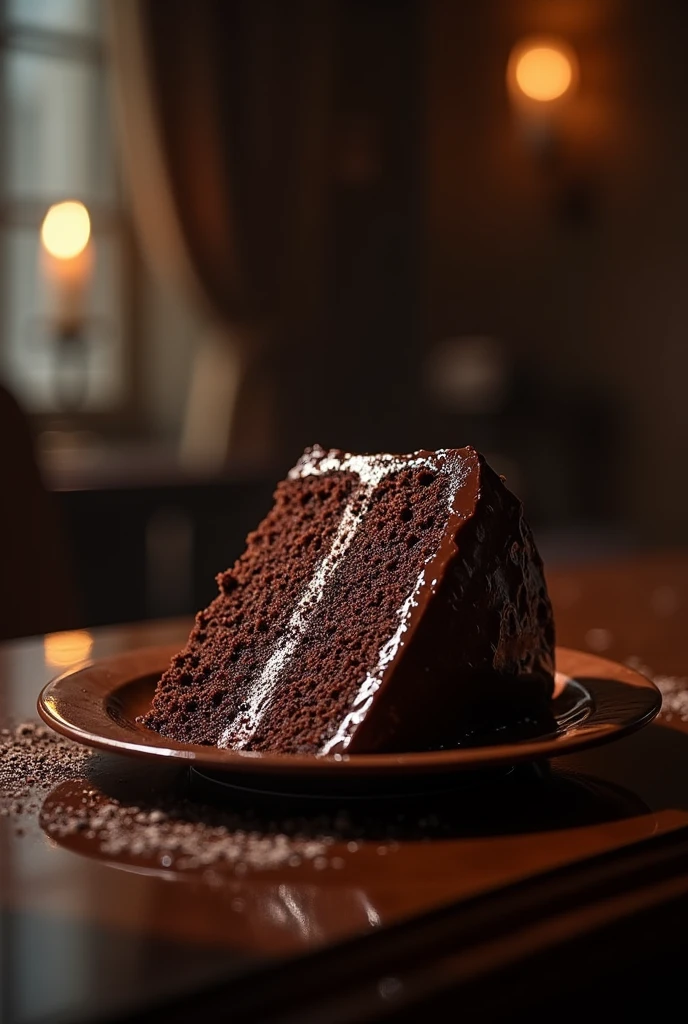 Chocolate cinematic movie scene, bolo de chocolate, darkness background, quality photo, Wet texture, penthouse, studio photo, slice. shallow depth of field, vignettes, highly detailed, high budget, bokeh, cinemascope, temperamental, epic, comely, film grain, grainy.