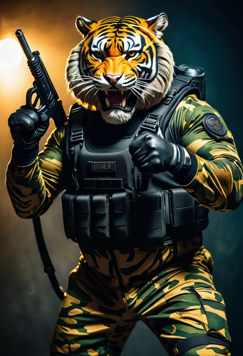 (a dark-skinned bearded fat muscular old man in a bulky army camouflage zipper diver suit) holding a gun, (wearing a small-sized realistic roaring tiger mask), dynamic action pose, fierce expression, showcasing an imposing stature, surrounded by military elements, dramatic shadows and intense highlights, cinematic color tones, high detail, powerful, art influenced by Bruce Onobrakpeya and Stanley Artgerm, ultra-detailed, best quality image, action-packed atmosphere. thumbs up pose