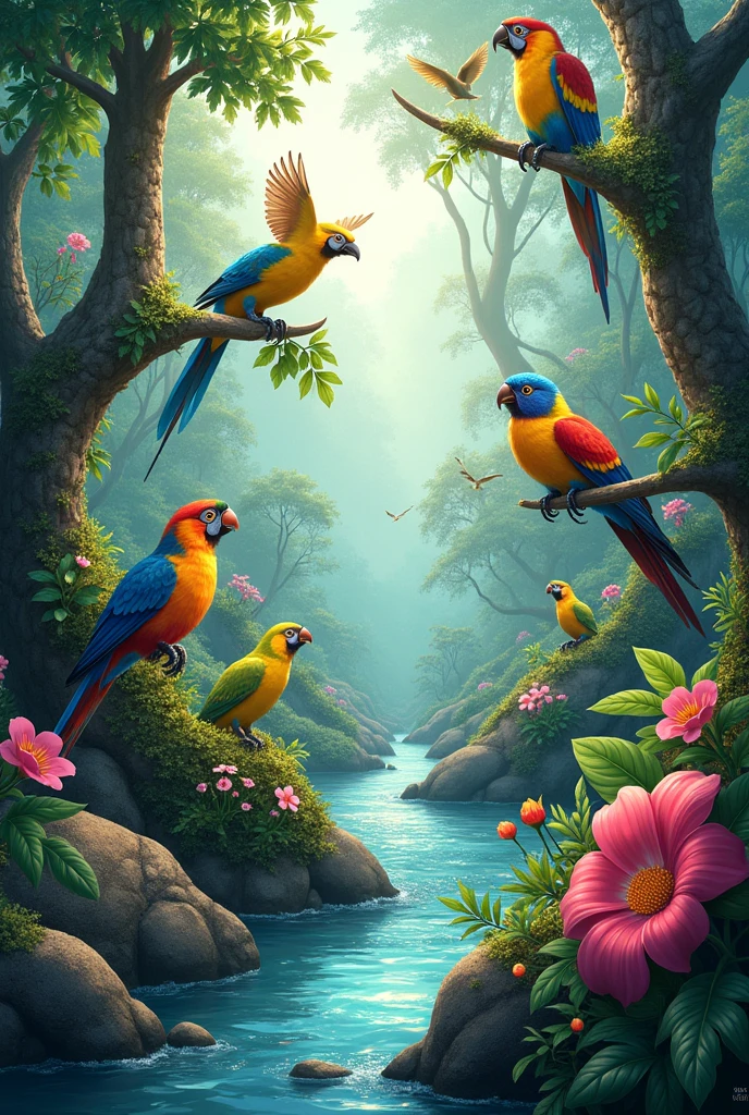 Create a vibrant and dynamic image titled “Wild Chorus.” The scene should depict a lush, untamed forest with a variety of colorful birds singing in harmony. The birds should be perched on branches, flying through the air, and interacting with each other. The forest should be dense with greenery, featuring tall trees, flowering plants, and a sparkling stream running through it. The overall atmosphere should be lively and full of energy, capturing the essence of nature’s wild chorus.