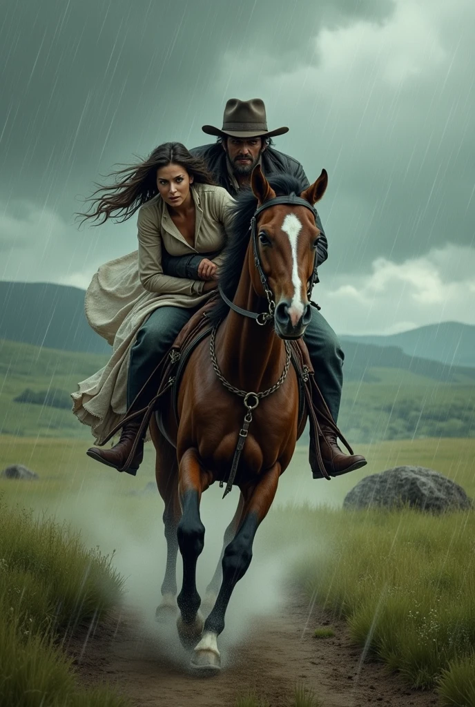 Bandit running away with a girl on horseback in the rain