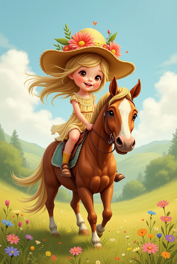 drawing of a three-year-old blonde with brown eyes riding a horse with a flowery hat