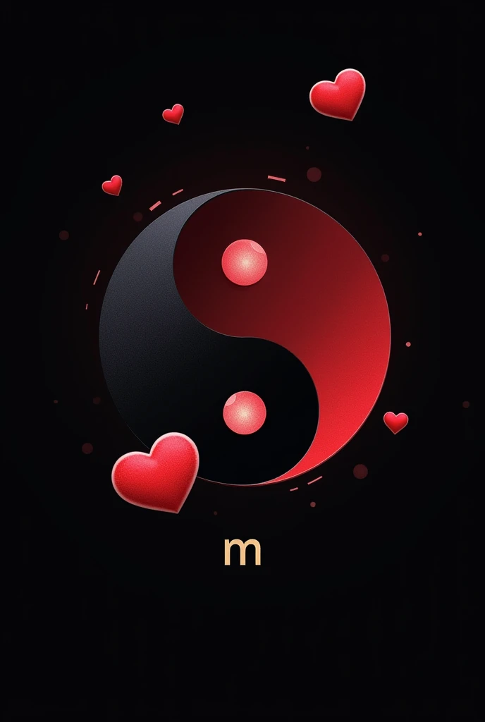 A wallpaper that has a black background and has the yin and yang sign in the middle ,and also have 3 cherry red kisses but drawn I don't want it to be realistic,she initially "M" in the bottom right corner ,