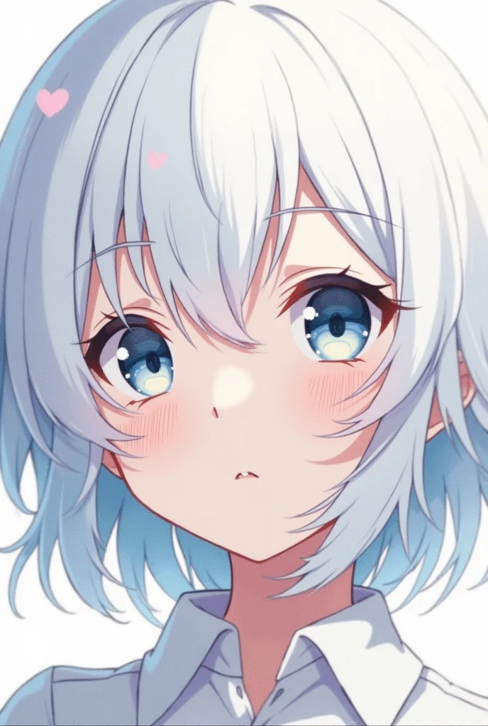 Create a female anime, white hairs, front view, short hairs, hair is wavy, and simple
