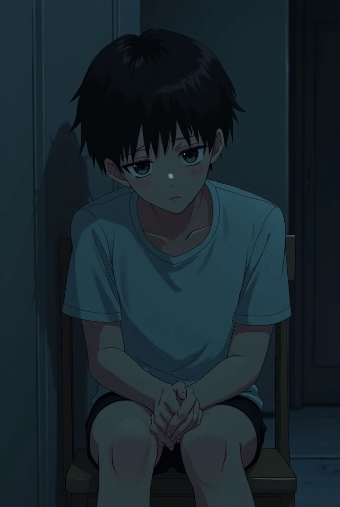 A 17 year anime boy is sitting in a chair alone and he is crying in night