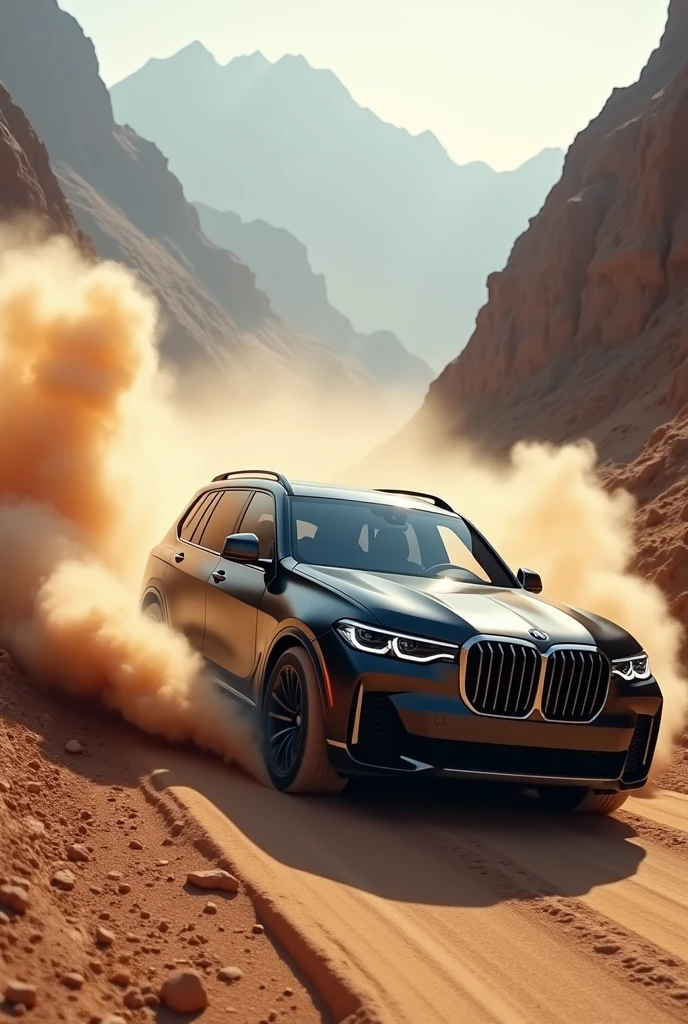 A black BMW X7 car is driving on the mountain road，Real texture，Dust billowing with sand